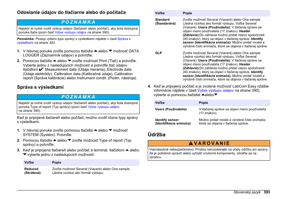 Odoslanie údajov do tlačiarne alebo do počítača, Správa s výsledkami, Údržba | Na strane 393 | Hach-Lange SENSION+ MM374 User Manual | Page 393 / 490