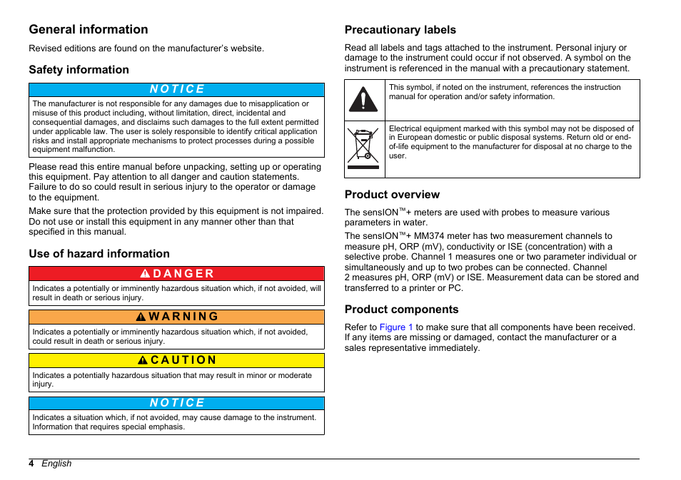 General information, Safety information, Use of hazard information | Precautionary labels, Product overview, Product components | Hach-Lange SENSION+ MM374 User Manual | Page 4 / 490