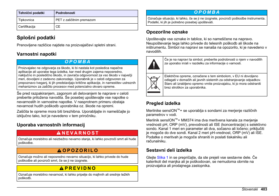 Splošni podatki, Varnostni napotki, Uporaba varnostnih informacij | Opozorilne oznake, Pregled izdelka, Sestavni deli izdelka | Hach-Lange SENSION+ MM374 User Manual | Page 403 / 490