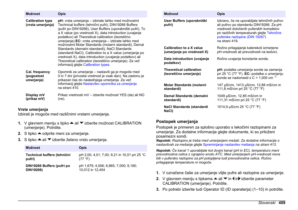 Vrste umerjanja, Postopek umerjanja | Hach-Lange SENSION+ MM374 User Manual | Page 409 / 490