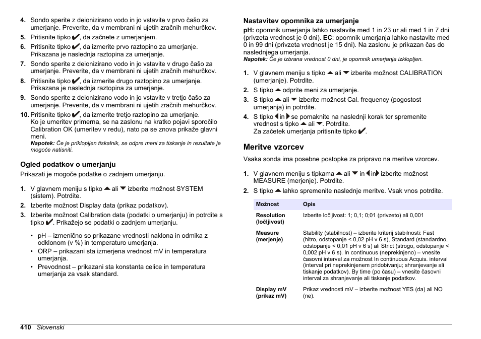 Ogled podatkov o umerjanju, Nastavitev opomnika za umerjanje, Meritve vzorcev | Hach-Lange SENSION+ MM374 User Manual | Page 410 / 490