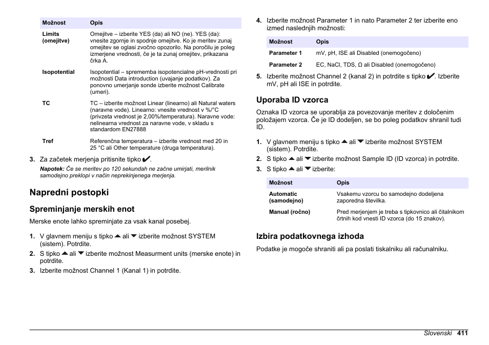 Napredni postopki, Spreminjanje merskih enot, Uporaba id vzorca | Izbira podatkovnega izhoda, Na strani 411 | Hach-Lange SENSION+ MM374 User Manual | Page 411 / 490
