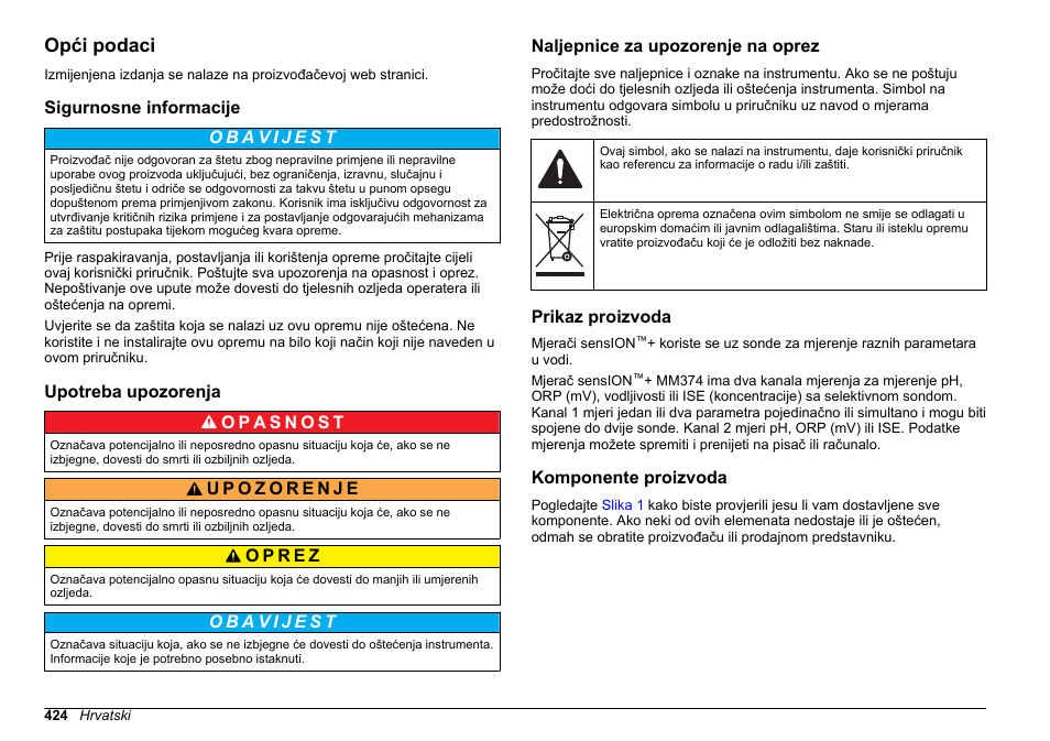 Opći podaci, Sigurnosne informacije, Upotreba upozorenja | Naljepnice za upozorenje na oprez, Prikaz proizvoda, Komponente proizvoda, Na stranici | Hach-Lange SENSION+ MM374 User Manual | Page 424 / 490