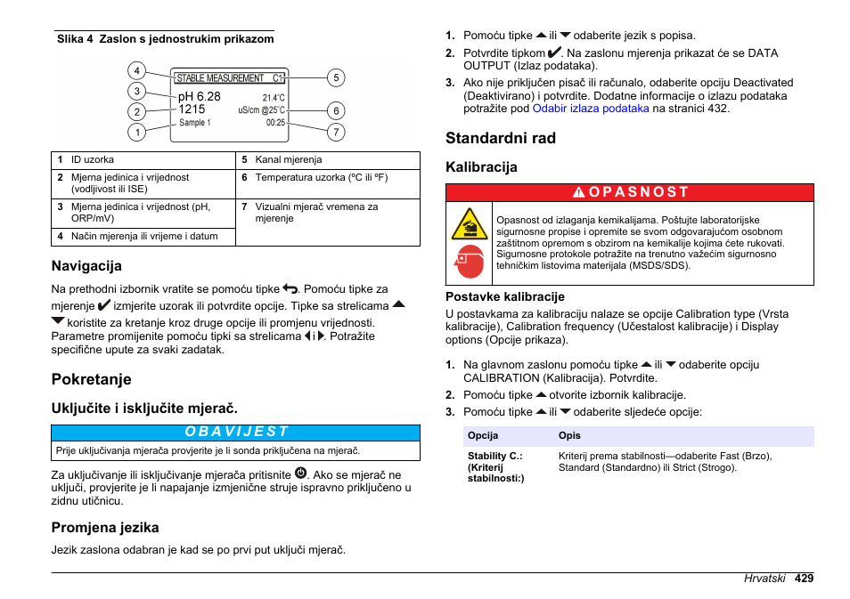 Navigacija, Pokretanje, Uključite i isključite mjerač | Promjena jezika, Standardni rad, Kalibracija, Postavke kalibracije | Hach-Lange SENSION+ MM374 User Manual | Page 429 / 490