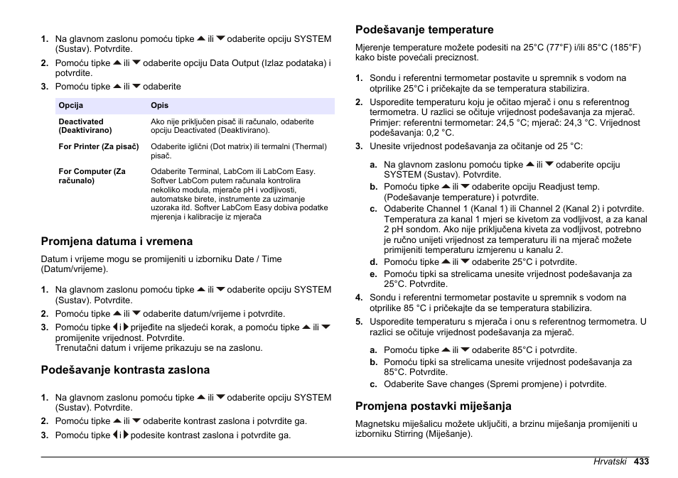 Promjena datuma i vremena, Podešavanje kontrasta zaslona, Podešavanje temperature | Promjena postavki miješanja | Hach-Lange SENSION+ MM374 User Manual | Page 433 / 490