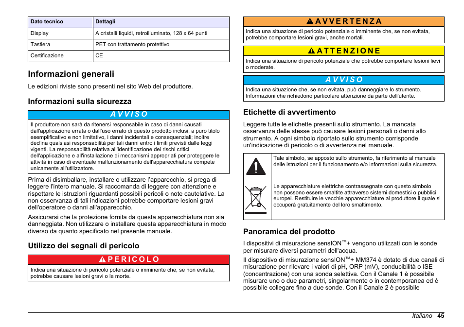 Informazioni generali, Informazioni sulla sicurezza, Utilizzo dei segnali di pericolo | Etichette di avvertimento, Panoramica del prodotto | Hach-Lange SENSION+ MM374 User Manual | Page 45 / 490