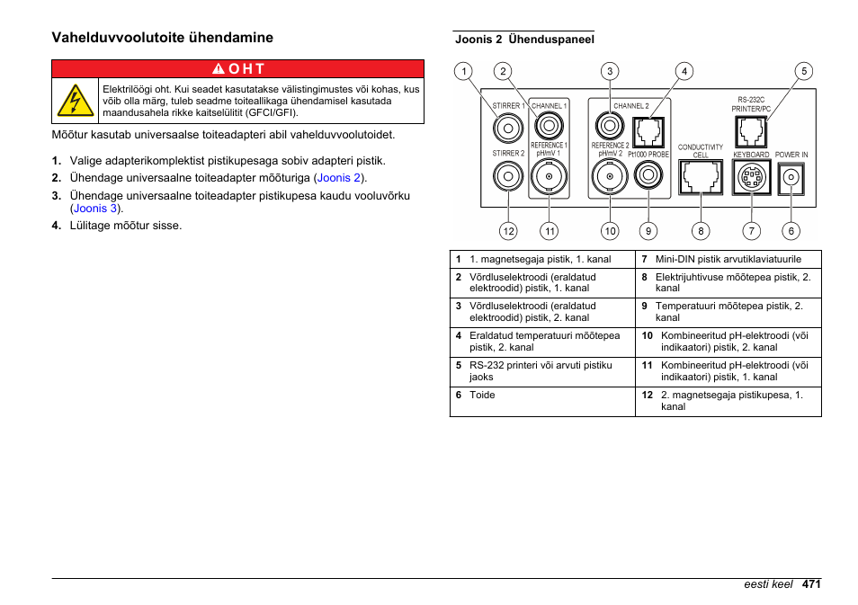 Vahelduvvoolutoite ühendamine, Vahelduvvoolutoite ühendamine o h t | Hach-Lange SENSION+ MM374 User Manual | Page 471 / 490