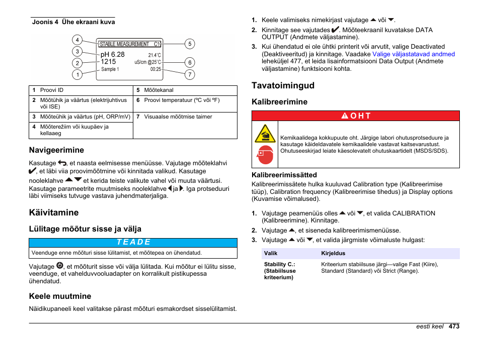 Navigeerimine, Käivitamine, Lülitage mõõtur sisse ja välja | Keele muutmine, Tavatoimingud, Kalibreerimine, Kalibreerimissätted, Kalibreerimine o h t | Hach-Lange SENSION+ MM374 User Manual | Page 473 / 490