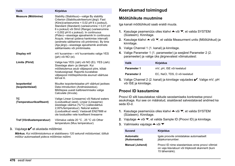 Keerukamad toimingud, Mõõtühikute muutmine, Proovi id kasutamine | Leheküljel | Hach-Lange SENSION+ MM374 User Manual | Page 476 / 490