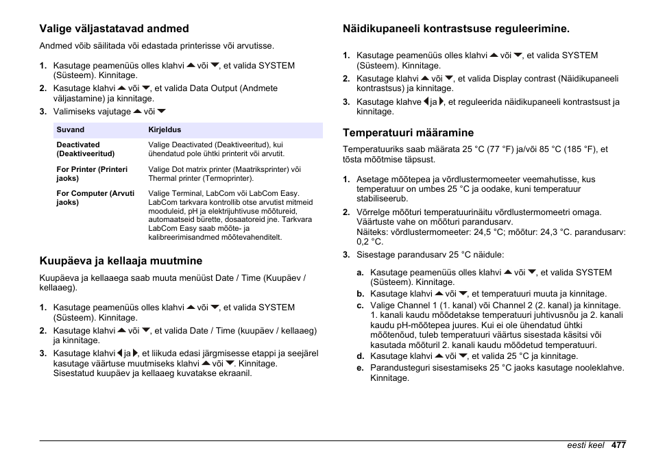 Valige väljastatavad andmed, Kuupäeva ja kellaaja muutmine, Näidikupaneeli kontrastsuse reguleerimine | Temperatuuri määramine | Hach-Lange SENSION+ MM374 User Manual | Page 477 / 490