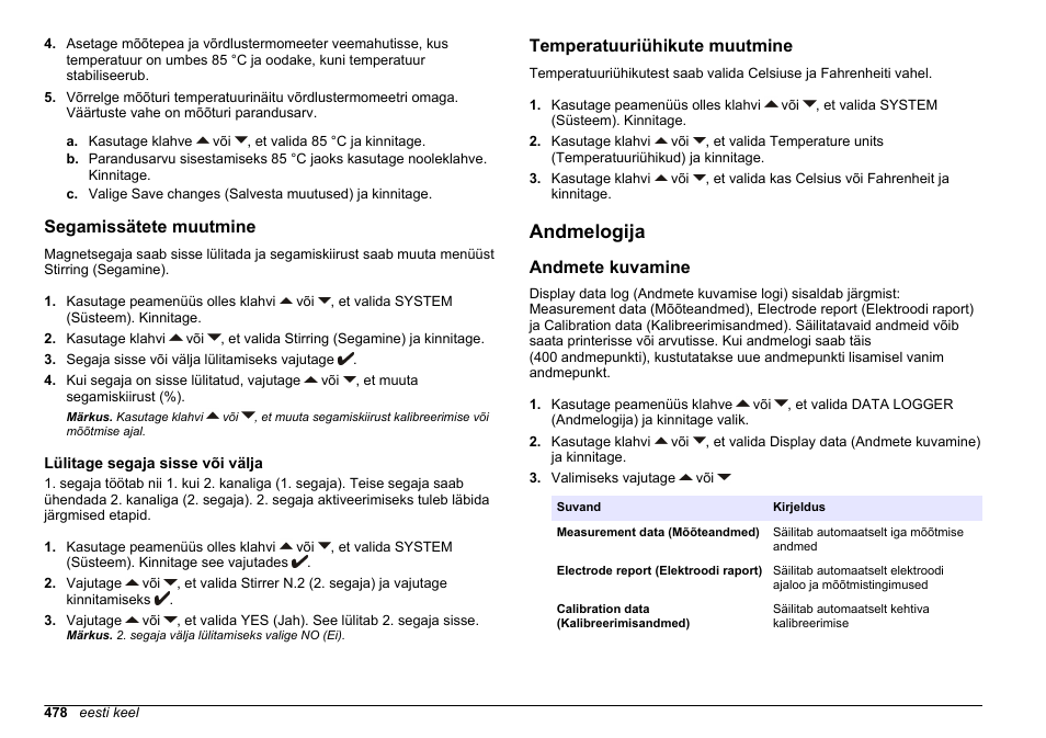 Segamissätete muutmine, Lülitage segaja sisse või välja, Temperatuuriühikute muutmine | Andmelogija, Andmete kuvamine | Hach-Lange SENSION+ MM374 User Manual | Page 478 / 490