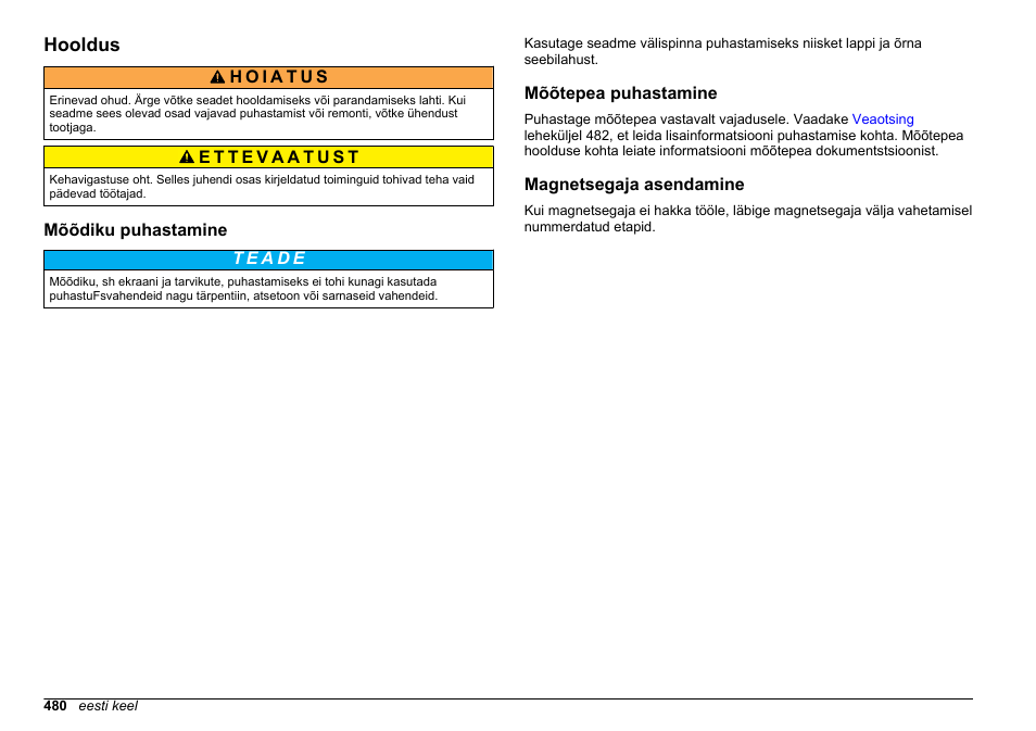 Hooldus, Mõõdiku puhastamine, Mõõtepea puhastamine | Magnetsegaja asendamine | Hach-Lange SENSION+ MM374 User Manual | Page 480 / 490