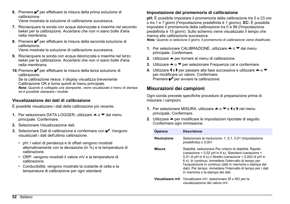 Visualizzazione dei dati di calibrazione, Impostazione del promemoria di calibrazione, Misurazioni dei campioni | Impostazione del promemoria di, Calibrazione | Hach-Lange SENSION+ MM374 User Manual | Page 52 / 490