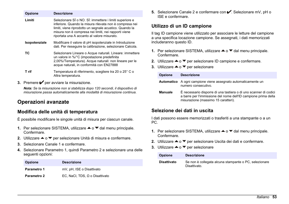 Operazioni avanzate, Modifica delle unità di temperatura, Utilizzo di un id campione | Selezione dei dati in uscita | Hach-Lange SENSION+ MM374 User Manual | Page 53 / 490