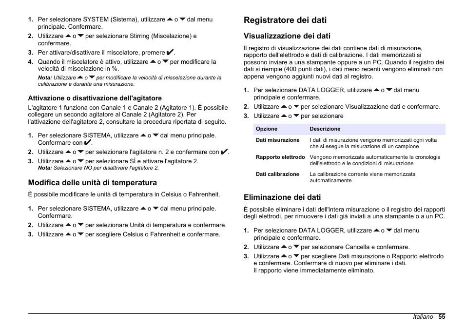Attivazione o disattivazione dell'agitatore, Modifica delle unità di temperatura, Registratore dei dati | Visualizzazione dei dati, Eliminazione dei dati | Hach-Lange SENSION+ MM374 User Manual | Page 55 / 490