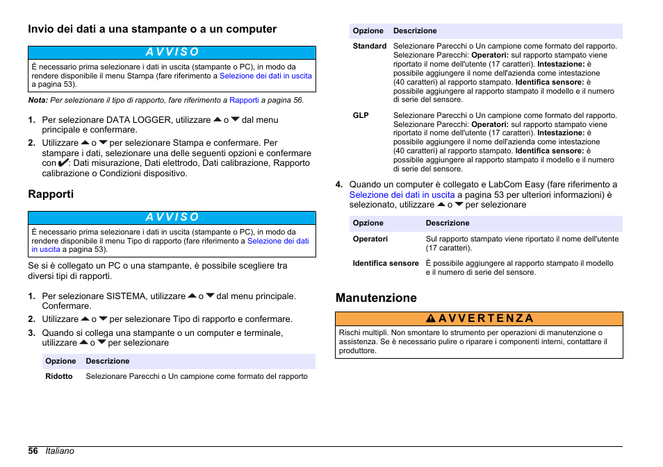 Invio dei dati a una stampante o a un computer, Rapporti, Manutenzione | Hach-Lange SENSION+ MM374 User Manual | Page 56 / 490
