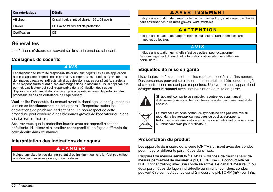 Généralités, Consignes de sécurité, Interprétation des indications de risques | Etiquettes de mise en garde, Présentation du produit, A v i s | Hach-Lange SENSION+ MM374 User Manual | Page 66 / 490