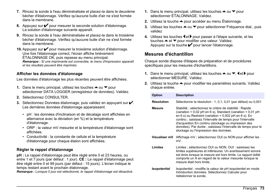 Afficher les données d'étalonnage, Régler le rappel d'étalonnage, Mesures d'échantillon | Reportez-vous à la section | Hach-Lange SENSION+ MM374 User Manual | Page 73 / 490