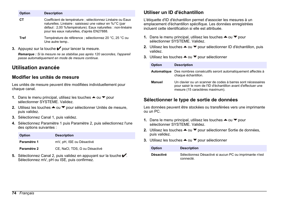 Utilisation avancée, Modifier les unités de mesure, Utiliser un id d'échantillon | Sélectionner le type de sortie de données, Puis validez. reportez-vous à la section, Sélectionner le type de, Sortie de données | Hach-Lange SENSION+ MM374 User Manual | Page 74 / 490