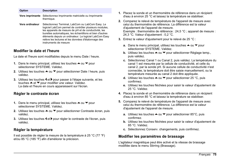 Modifier la date et l'heure, Régler le contraste écran, Régler la température | Modifier les paramètres de brassage, Modifier les, Paramètres de brassage | Hach-Lange SENSION+ MM374 User Manual | Page 75 / 490
