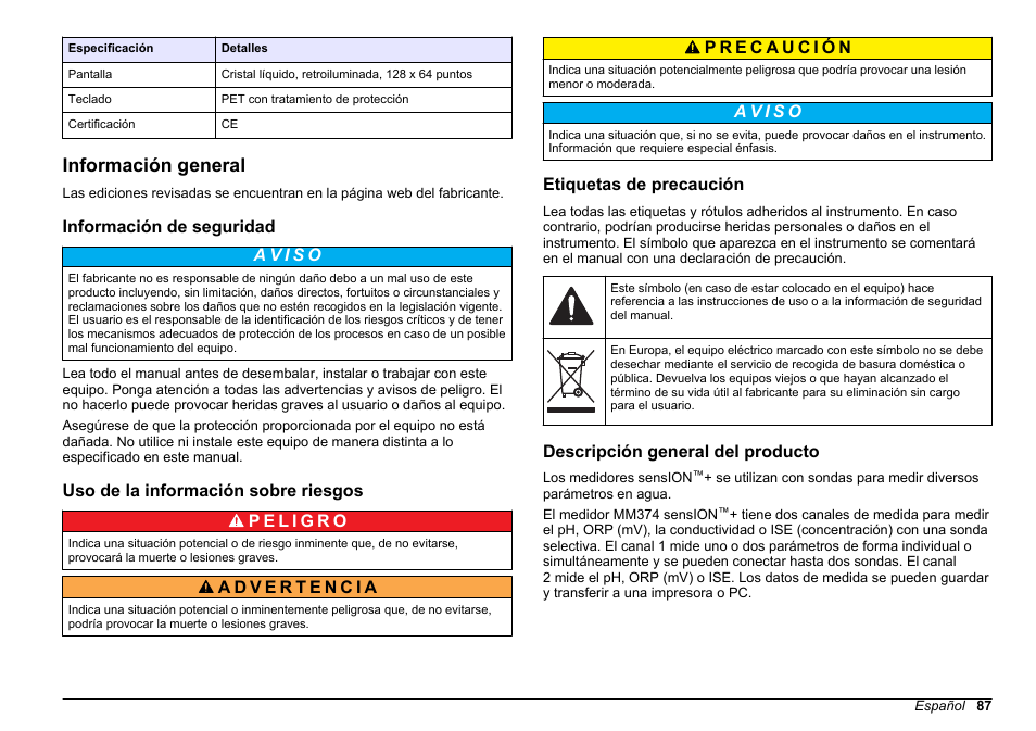 Información general, Información de seguridad, Uso de la información sobre riesgos | Etiquetas de precaución, Descripción general del producto | Hach-Lange SENSION+ MM374 User Manual | Page 87 / 490