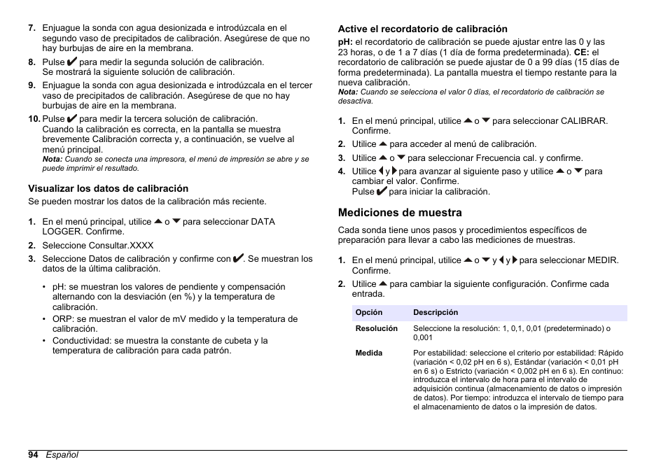 Visualizar los datos de calibración, Active el recordatorio de calibración, Mediciones de muestra | Consulte | Hach-Lange SENSION+ MM374 User Manual | Page 94 / 490
