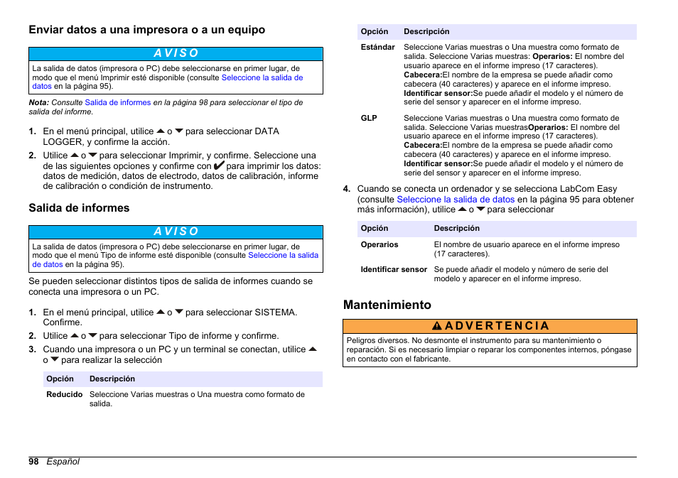 Enviar datos a una impresora o a un equipo, Salida de informes, Mantenimiento | Hach-Lange SENSION+ MM374 User Manual | Page 98 / 490