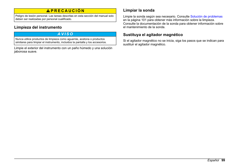 Limpieza del instrumento, Limpiar la sonda, Sustituya el agitador magnético | Hach-Lange SENSION+ MM374 User Manual | Page 99 / 490