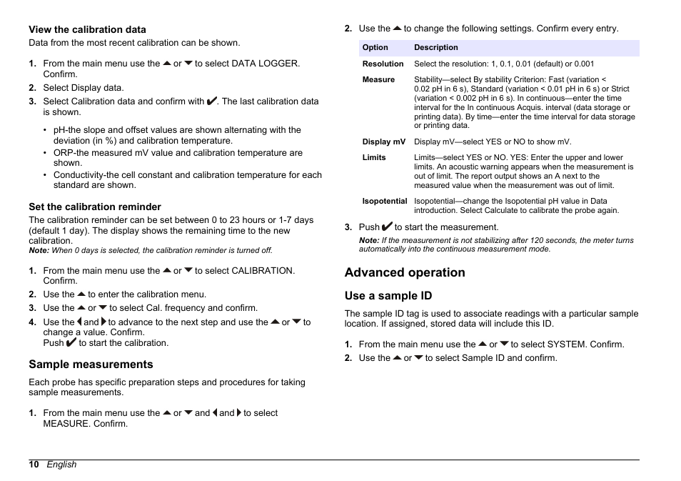 View the calibration data, Set the calibration reminder, Sample measurements | Advanced operation, Use a sample id, The new calibration. refer to | Hach-Lange SENSION+ pH31 User Manual | Page 10 / 394