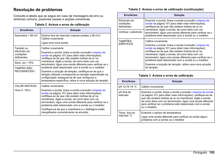 Resolução de problemas, Limpe a sonda conforme necessário. consulte | Hach-Lange SENSION+ pH31 User Manual | Page 103 / 394