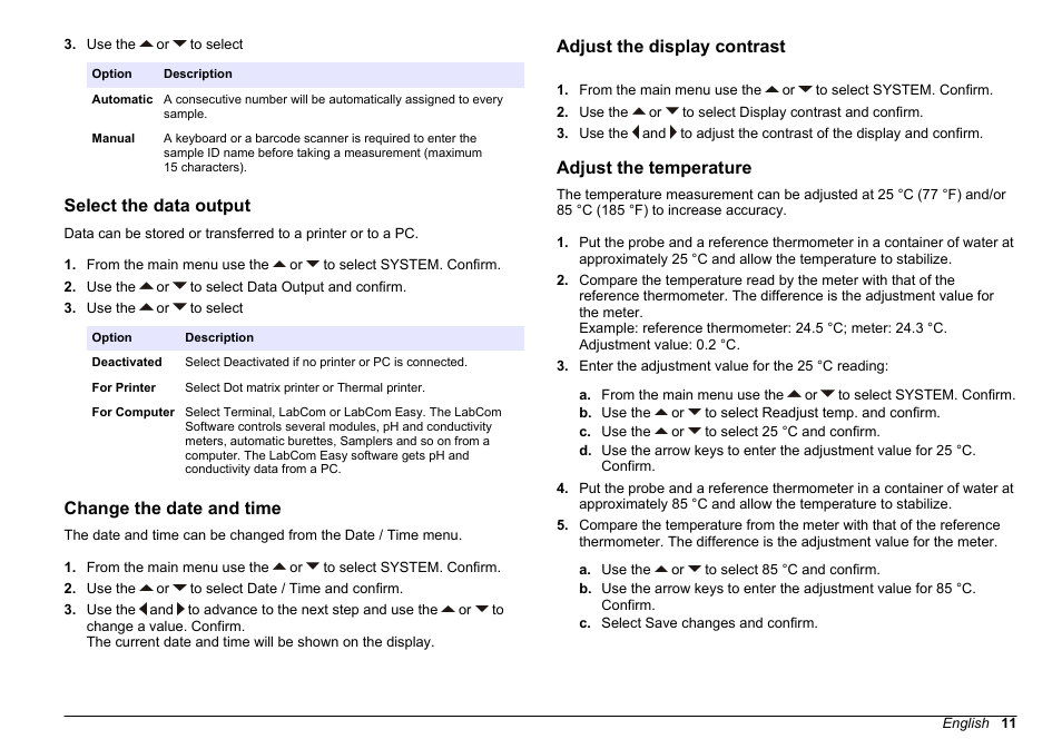 Select the data output, Change the date and time, Adjust the display contrast | Adjust the temperature | Hach-Lange SENSION+ pH31 User Manual | Page 11 / 394