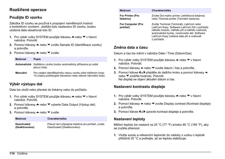 Rozšířené operace, Použijte id vzorku, Výběr výstupu dat | Změna data a času, Nastavení kontrastu displeje, Nastavení teploty | Hach-Lange SENSION+ pH31 User Manual | Page 114 / 394