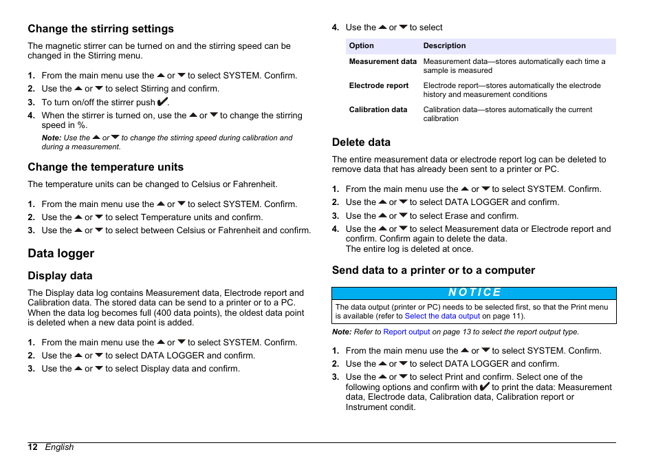 Change the stirring settings, Change the temperature units, Data logger | Display data, Delete data, Send data to a printer or to a computer | Hach-Lange SENSION+ pH31 User Manual | Page 12 / 394