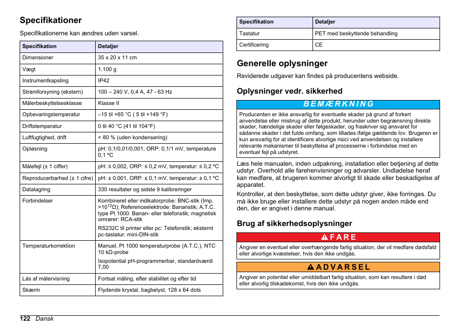 Brugsanvisning, Specifikationer, Generelle oplysninger | Oplysninger vedr. sikkerhed, Brug af sikkerhedsoplysninger, Dansk | Hach-Lange SENSION+ pH31 User Manual | Page 122 / 394