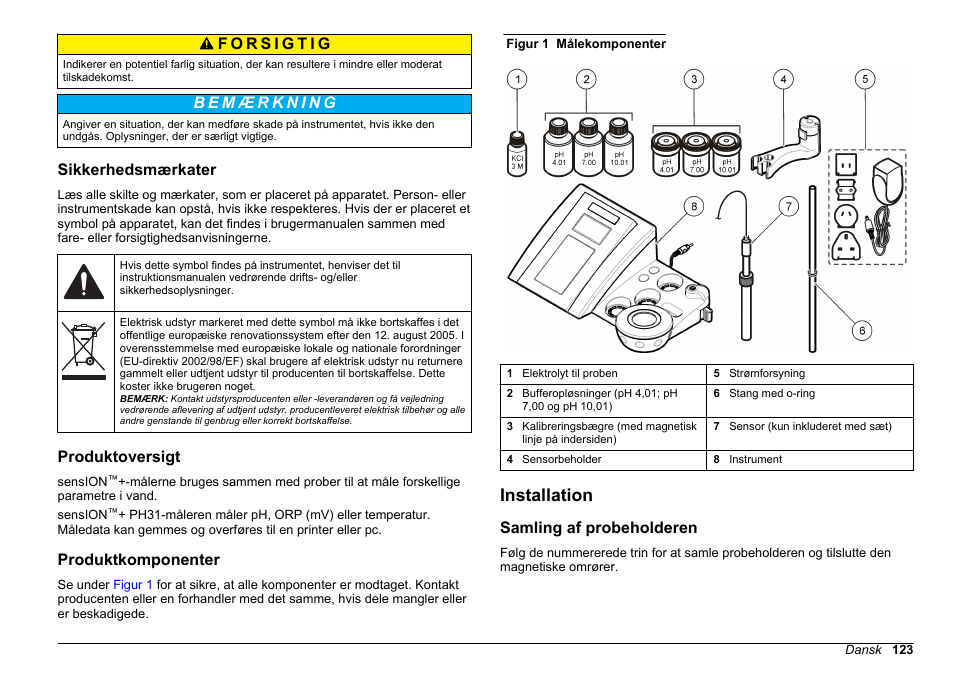 Sikkerhedsmærkater, Produktoversigt, Produktkomponenter | Installation, Samling af probeholderen | Hach-Lange SENSION+ pH31 User Manual | Page 123 / 394