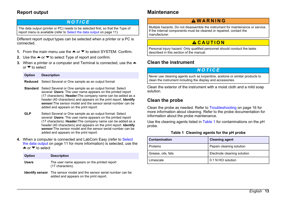 Report output, Maintenance, Clean the instrument | Clean the probe | Hach-Lange SENSION+ pH31 User Manual | Page 13 / 394