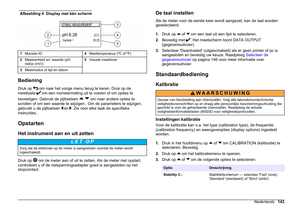 Bediening, Opstarten, Het instrument aan en uit zetten | De taal instellen, Standaardbediening, Kalibratie, Instellingen kalibratie | Hach-Lange SENSION+ pH31 User Manual | Page 143 / 394
