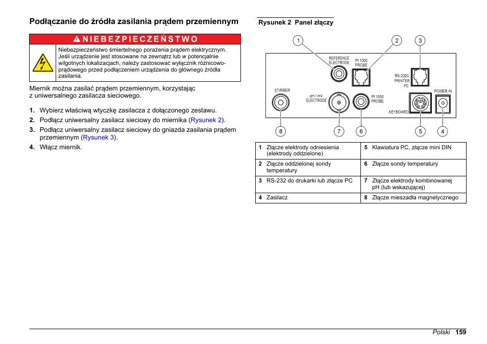 Podłączanie do źródła zasilania prądem przemiennym | Hach-Lange SENSION+ pH31 User Manual | Page 159 / 394