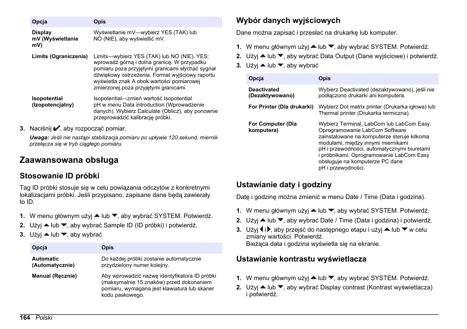 Zaawansowana obsługa, Stosowanie id próbki, Wybór danych wyjściowych | Ustawianie daty i godziny, Ustawianie kontrastu wyświetlacza | Hach-Lange SENSION+ pH31 User Manual | Page 164 / 394