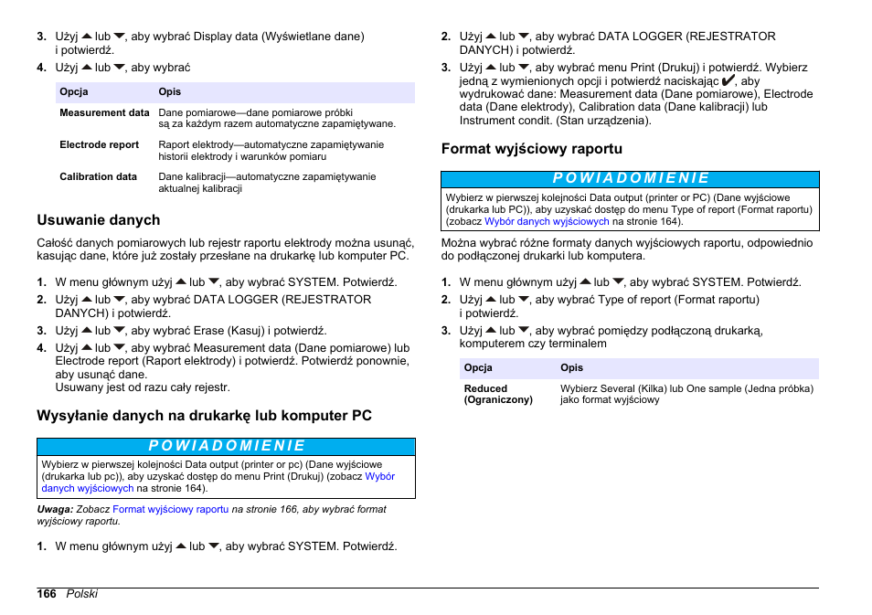 Usuwanie danych, Wysyłanie danych na drukarkę lub komputer pc, Format wyjściowy raportu | Hach-Lange SENSION+ pH31 User Manual | Page 166 / 394