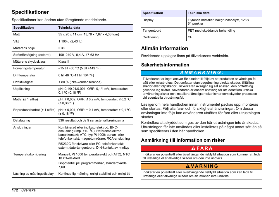 Bruksanvisning, Specifikationer, Allmän information | Säkerhetsinformation, Anmärkning till information om risker, Svenska | Hach-Lange SENSION+ pH31 User Manual | Page 172 / 394