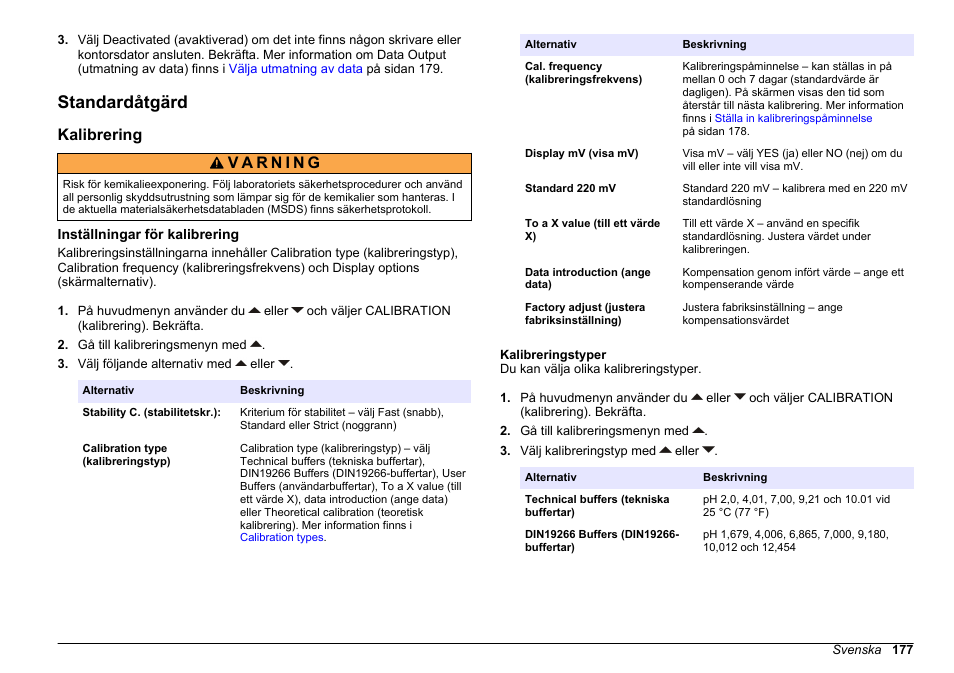 Standardåtgärd, Kalibrering, Inställningar för kalibrering | Kalibreringstyper | Hach-Lange SENSION+ pH31 User Manual | Page 177 / 394