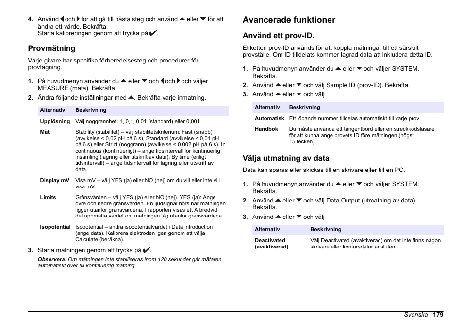 Provmätning, Avancerade funktioner, Använd ett prov-id | Välja utmatning av data, Utmatning av data) finns i | Hach-Lange SENSION+ pH31 User Manual | Page 179 / 394