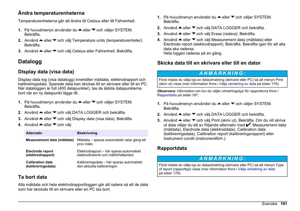 Ändra temperaturenheterna, Datalogg, Display data (visa data) | Ta bort data, Skicka data till en skrivare eller till en dator, Rapportdata | Hach-Lange SENSION+ pH31 User Manual | Page 181 / 394