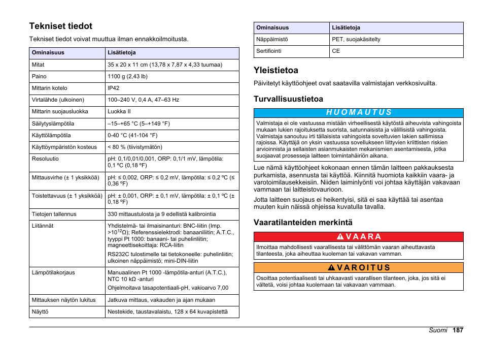 Käyttäjän käsikirja, Tekniset tiedot, Yleistietoa | Turvallisuustietoa, Vaaratilanteiden merkintä, Suomi | Hach-Lange SENSION+ pH31 User Manual | Page 187 / 394