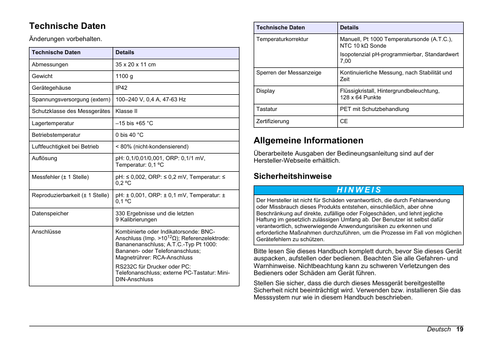 Bedienungsanleitung, Technische daten, Allgemeine informationen | Sicherheitshinweise, Deutsch | Hach-Lange SENSION+ pH31 User Manual | Page 19 / 394