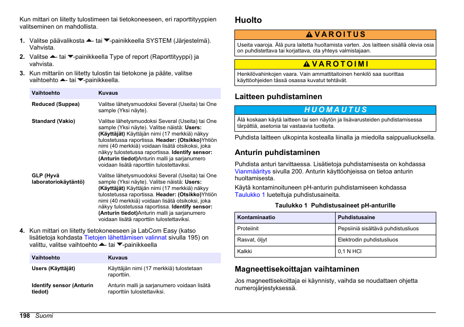 Huolto, Laitteen puhdistaminen, Anturin puhdistaminen | Magneettisekoittajan vaihtaminen | Hach-Lange SENSION+ pH31 User Manual | Page 198 / 394