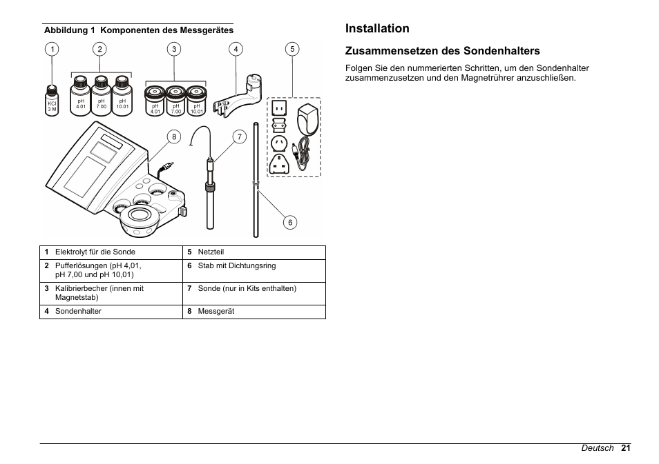 Installation, Zusammensetzen des sondenhalters | Hach-Lange SENSION+ pH31 User Manual | Page 21 / 394