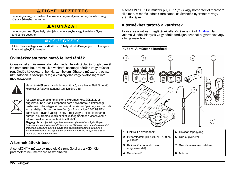 Óvintézkedést tartalmazó felirati táblák, A termék áttekintése, A termékhez tartozó alkatrészek | Hach-Lange SENSION+ pH31 User Manual | Page 222 / 394