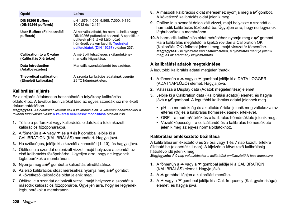 Kalibrálási eljárás, A kalibrálási adatok megtekintése, Kalibrálási emlékeztető beállítása | Hach-Lange SENSION+ pH31 User Manual | Page 228 / 394